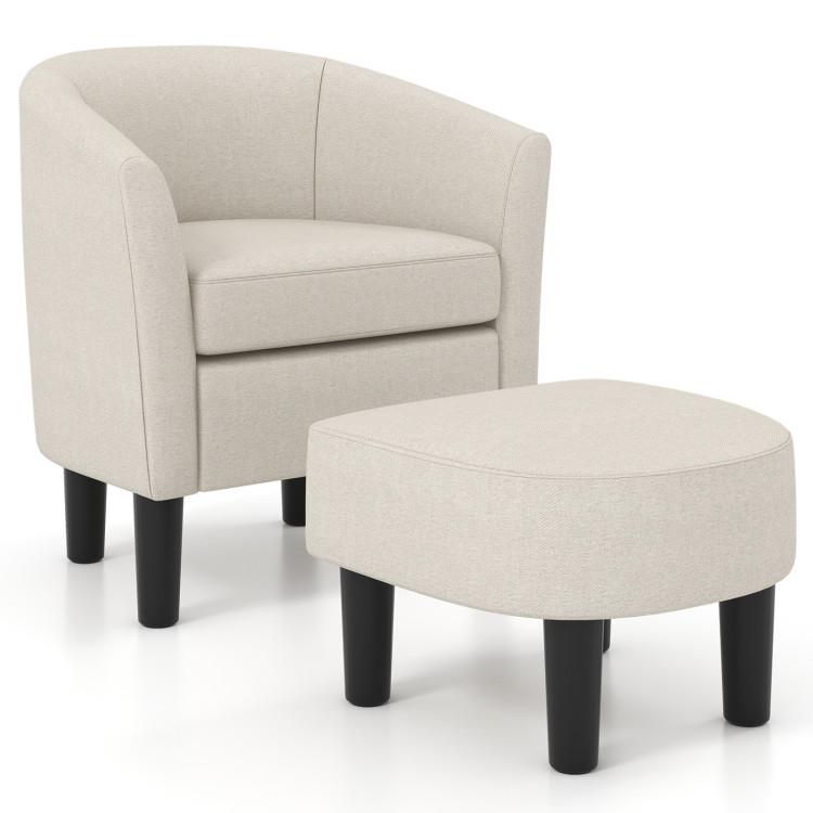 Accent Chairs |  Barrel Club Chair with Ottoman Set Linen Fabric Accent Chair with Footrest Beige Accent Chairs Accent Chairs