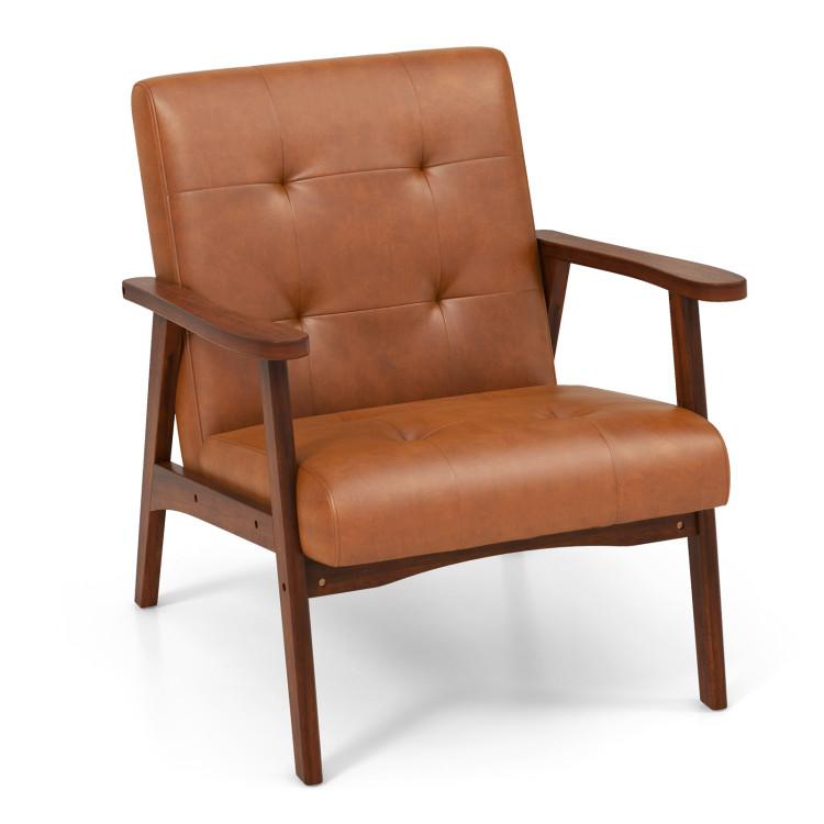 Accent Chairs |  Mid Century Modern Accent Chair with Solid Rubber Wood Frame and Leather Cover Light Brown Accent Chairs Accent Chairs