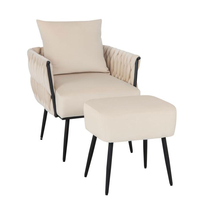 Accent Chairs |  Modern Dutch Velvet Accent Chair and Ottoman Set with Weaved Back and Arms White Accent Chairs Accent Chairs