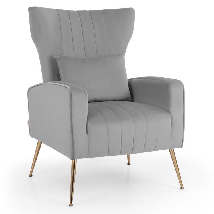 Accent Chairs |  Velvet Upholstered Wingback Chair with Lumbar Pillow and Golden Metal Legs Gray Accent Chairs Accent Chairs