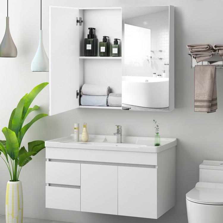 Bathroom |  2-Tier Wall-Mounted Bathroom Storage Cabinet with Double Mirror Doors and 2 Shelves White Bathroom Bathroom