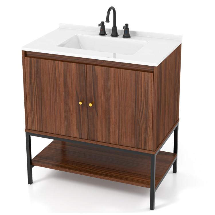 Bathroom |  31 Inch Bathroom Vanity Sink Combo with Doors and Open Shelf Walnut Bathroom Bathroom