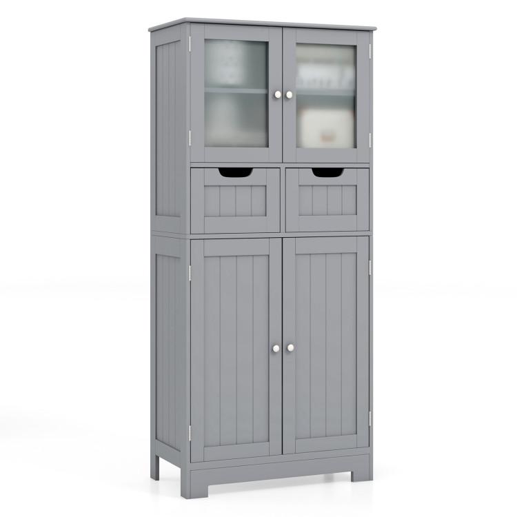 Bathroom |  4 Door Freestanding Bathroom Floor Storage Cabinet with 2 Drawers and Glass Doors Gray Bathroom Bathroom