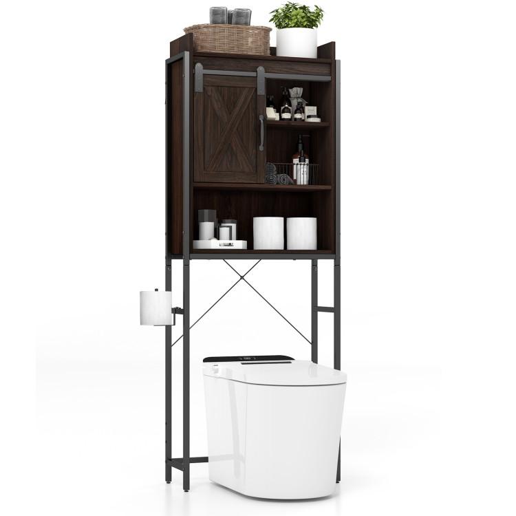 Bathroom |  4-Tier Multifunctional Toilet Storage Cabinet with Adjustable Shelf and Sliding Barn Door Brown Bathroom Bathroom