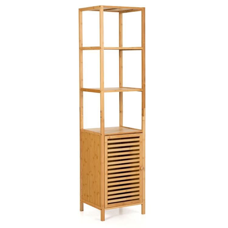 Bathroom |  4 Tiers Slim Bamboo Floor Storage Cabinet with Shutter Door and Anti-Toppling Device Natural Bathroom Bathroom