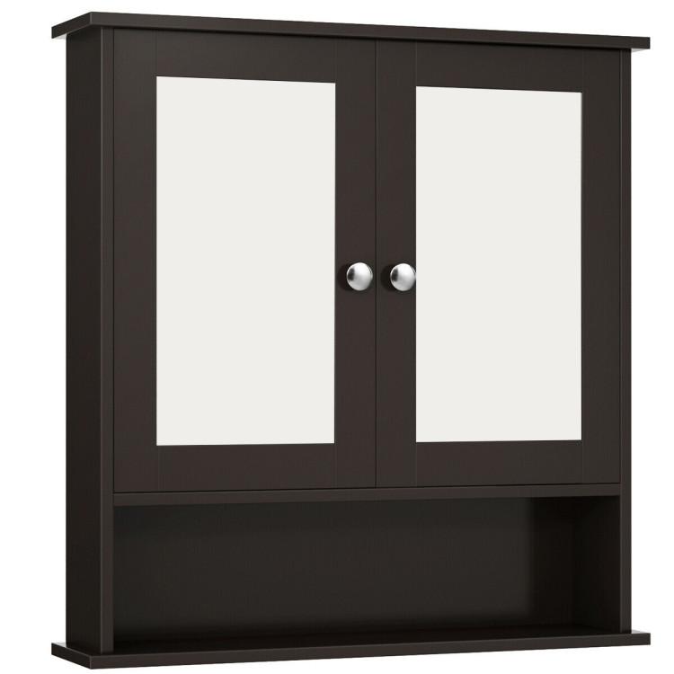 Bathroom |  Double Door Wall-Mounted Bathroom Mirror Cabinet with Storage Shelf Brown Bathroom Bathroom