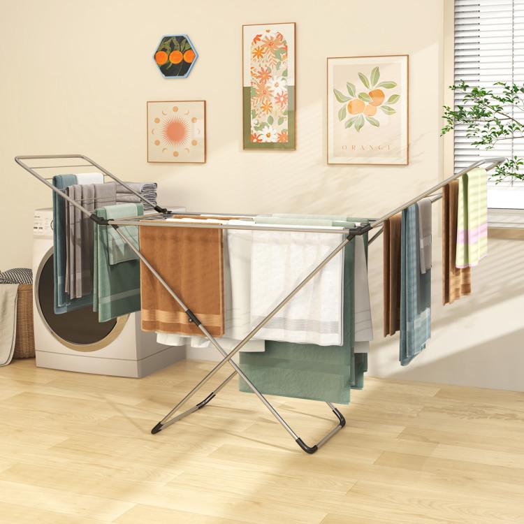 Bathroom |  Folding Clothes Drying Rack with Adjustable Wings for Indoor and Outdoor Use Silver Bathroom Bathroom