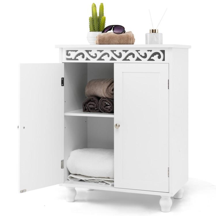 Bathroom |  Freestanding Bathroom Cabinet Floor Storage Organizer with Adjustable Shelf and Solid Wood Legs White Bathroom Bathroom