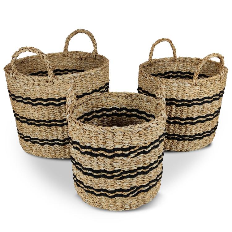 Bathroom |  Seagrass Basket Set of 3 Stackable Storage Bins with Handles Woven Round Basket Bathroom Bathroom