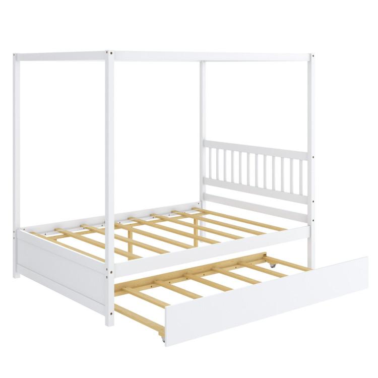 Beds & Bed Frames |  Full Size Canopy Bed Frame with Trundle and Headboard for Kids White Bedroom Beds & Bed Frames