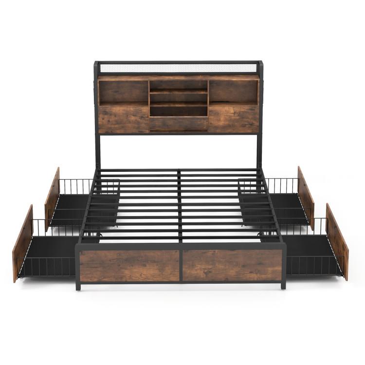 Beds & Bed Frames |  Full/Queen Size Bed Frame with Bookcase Headboard and 4 Storage Drawers Bedroom Beds & Bed Frames