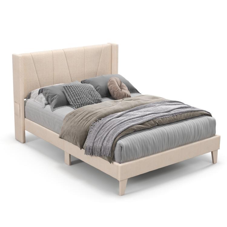 Beds & Bed Frames |  Full/Queen Size Upholstered Bed Frame with Geometric Wingback Headboard Beige Bedroom Beds & Bed Frames