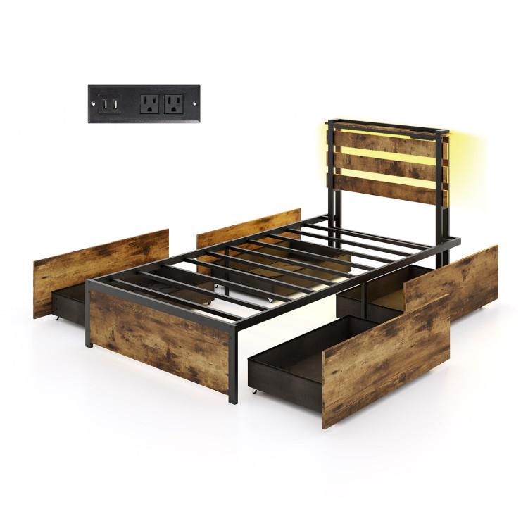 Beds & Bed Frames |  Full/Queen/Twin Size Bed Frame with Drawers LED Lights and USB Ports Rustic Brown Bedroom Beds & Bed Frames