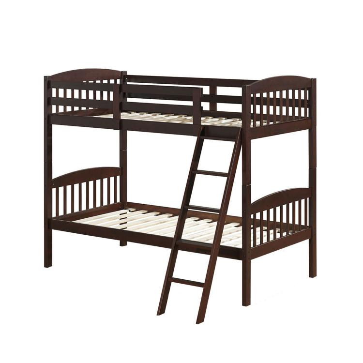 Beds & Bed Frames |  Hardwood Twin Bunk Beds with Inclined Ladder and Safety Guardrails Brown Bedroom Beds & Bed Frames