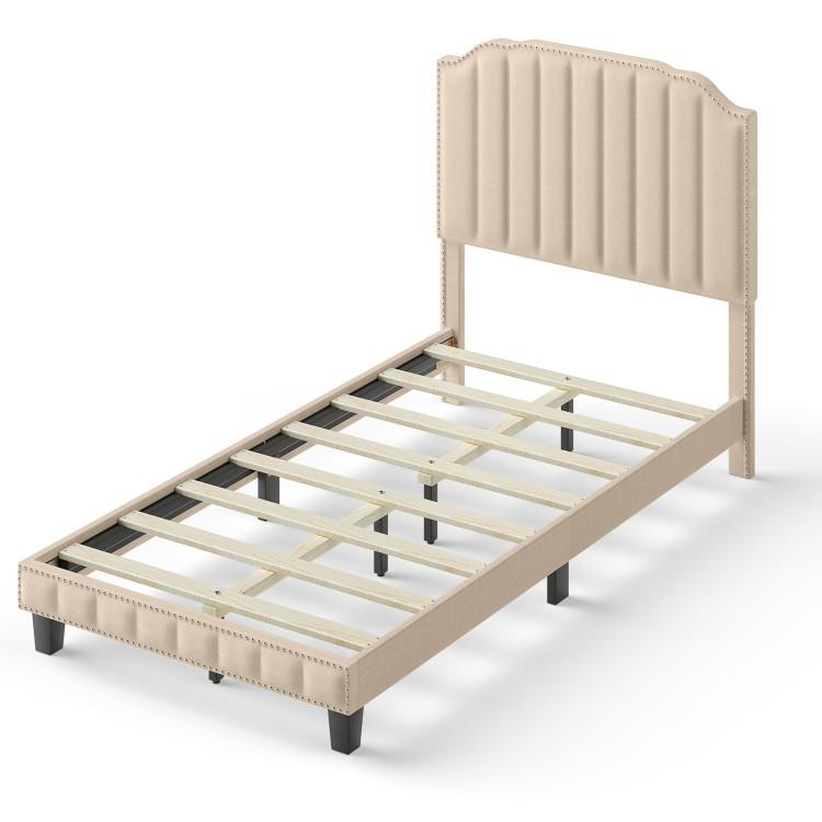 Beds & Bed Frames |  Heavy Duty Upholstered Bed Frame with Rivet Headboard Beige Bedroom Beds & Bed Frames