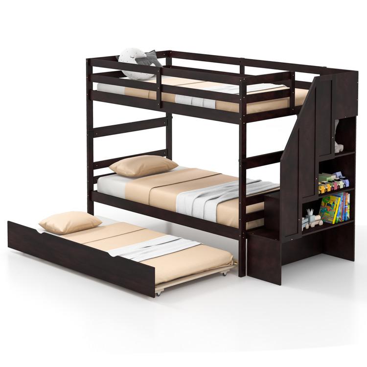 Beds & Bed Frames |  Home Wood Bunk Bed with Guard Rail and 4-step Storage Stairs No Box Spring Needed Brown Bedroom Beds & Bed Frames