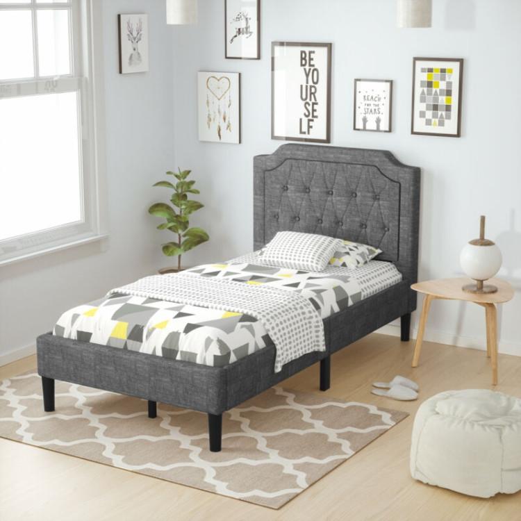 Beds & Bed Frames |  Linen Twin Upholstered Platform Bed with Frame Headboard Mattress Foundation Gray Bedroom Beds & Bed Frames