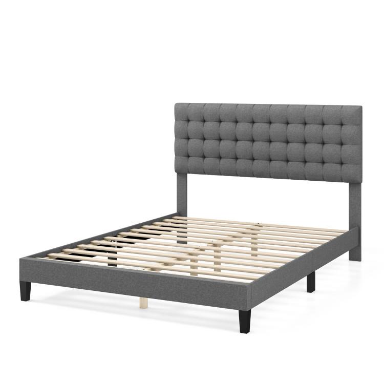 Beds & Bed Frames |  Queen Size Upholstered Platform Bed with Square Stitched Headboard Gray Bedroom Beds & Bed Frames