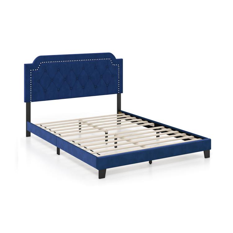 Beds & Bed Frames |  Queen Size Velvet Platform Bed with Button Tufted and Nailhead Trim Headboard Blue Bedroom Beds & Bed Frames