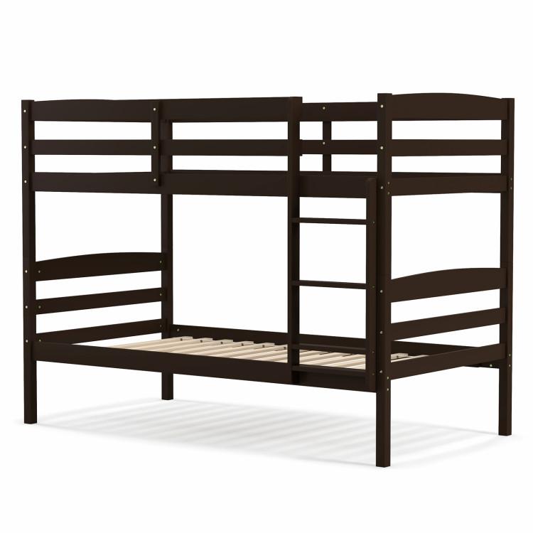 Beds & Bed Frames |  Solid Wood Twin Over Twin Bunk Bed Frame with High Guardrails and Integrated Ladder Espresso Bedroom Beds & Bed Frames