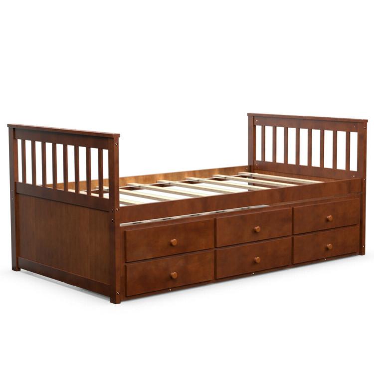 Beds & Bed Frames |  Twin Captains Bed with Trundle and 3 Storage Drawers Walnut Bedroom Beds & Bed Frames