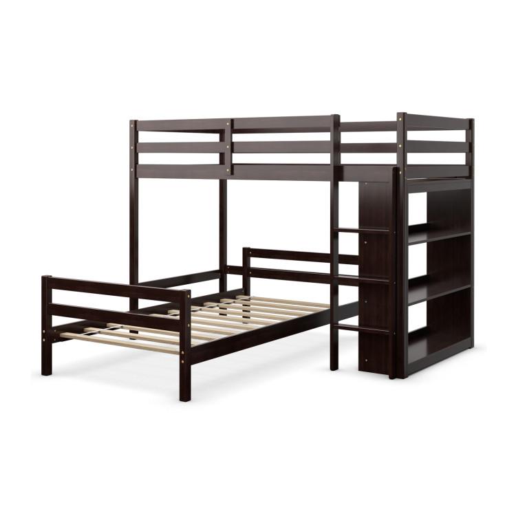 Beds & Bed Frames |  Twin Over Twin Loft Bunk Bed with 3-Tier Bookcase Dark Brown Bedroom Beds & Bed Frames