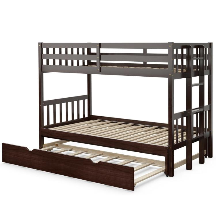 Beds & Bed Frames |  Twin Pull-Out Bunk Bed with Trundle Wooden Ladder Dark Brown Bedroom Beds & Bed Frames