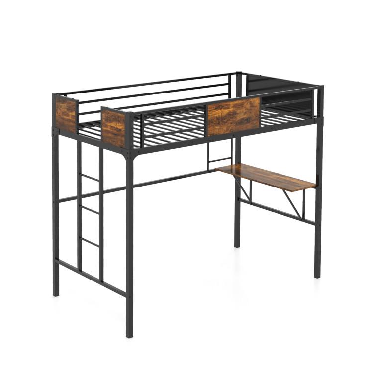 Beds & Bed Frames |  Twin Size Industrial Metal Loft Bed with Desk Storage Shelf and Build-in Ladder Rustic Brown + Black Bedroom Beds & Bed Frames