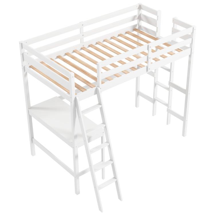 Beds & Bed Frames |  Twin Size Loft Bed Frame with Desk Angled and Built-in Ladder White Bedroom Beds & Bed Frames