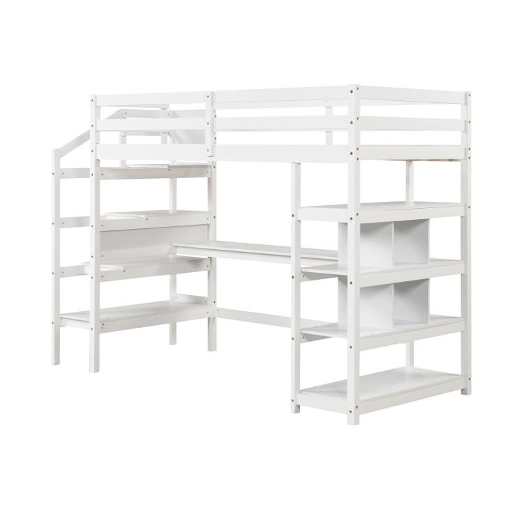 Beds & Bed Frames |  Twin Size Loft Bed with Desk and Storage Stairs Loft Bed Frame with Shelves and Safety Guardrails White Bedroom Beds & Bed Frames