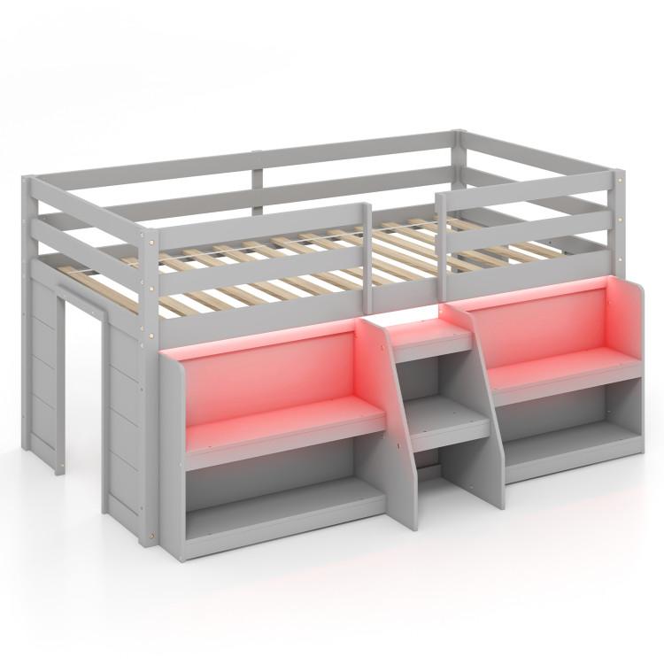 Beds & Bed Frames |  Twin Size Loft Bed with LED Lights with Staircase and Safety Guardrail Gray Bedroom Beds & Bed Frames