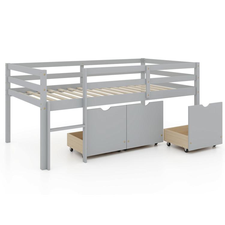 Beds & Bed Frames |  Twin Size Low Loft Bed with 3 Drawers with Ladder and Full-length Guardrails Gray Bedroom Beds & Bed Frames