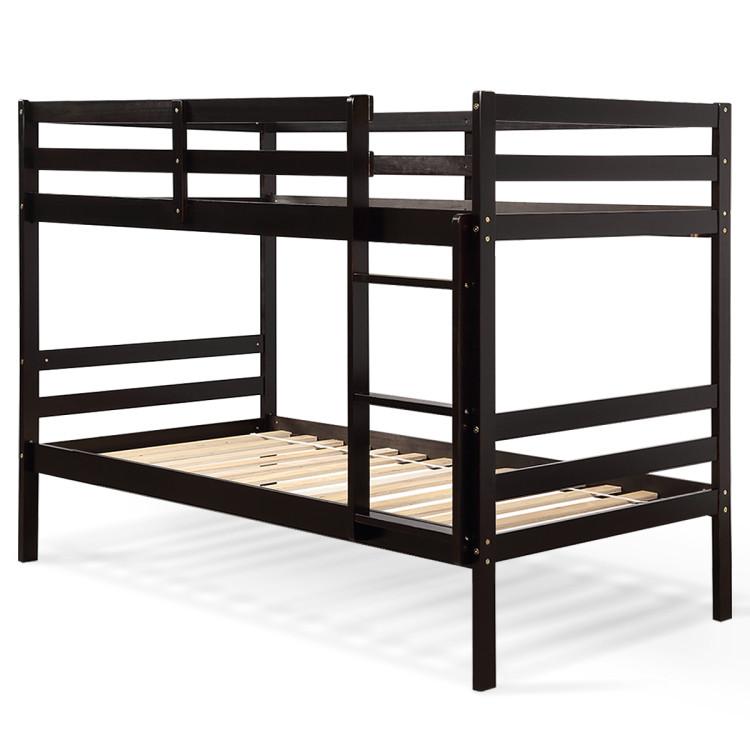 Beds & Bed Frames |  Twin Size Sturdy Wooden Bunk Beds with Ladder and Safety Rail Brown Bedroom Beds & Bed Frames