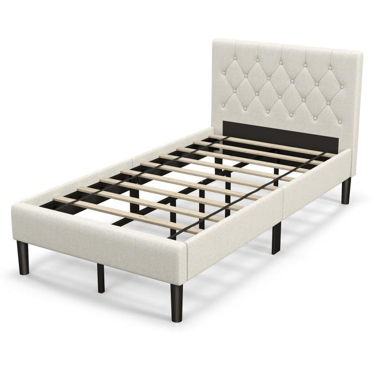 Beds & Bed Frames |  Twin Size Upholstered Platform Bed with Button Tufted Headboard Beige Bedroom Beds & Bed Frames