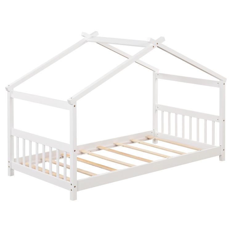 Beds & Bed Frames |  Twin Size Wooden House Bed with Roof White Bedroom Beds & Bed Frames