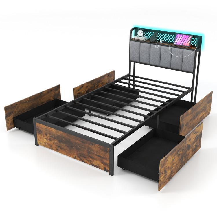 Beds & Bed Frames |  Twin/Full/Queen Bed Frame with LED Lights, Upholstered Headboard and 4 Storage Drawers Bedroom Beds & Bed Frames