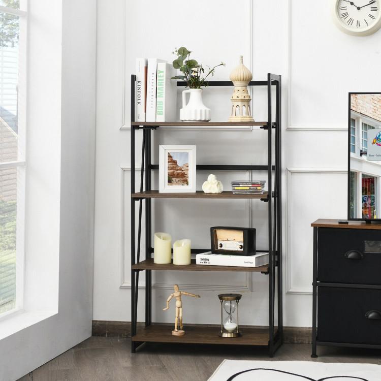 Bookcases |  4-Tier Folding Bookshelf No-Assembly Industrial Bookcase Display Shelves Rustic Brown Bookcases Bookcases