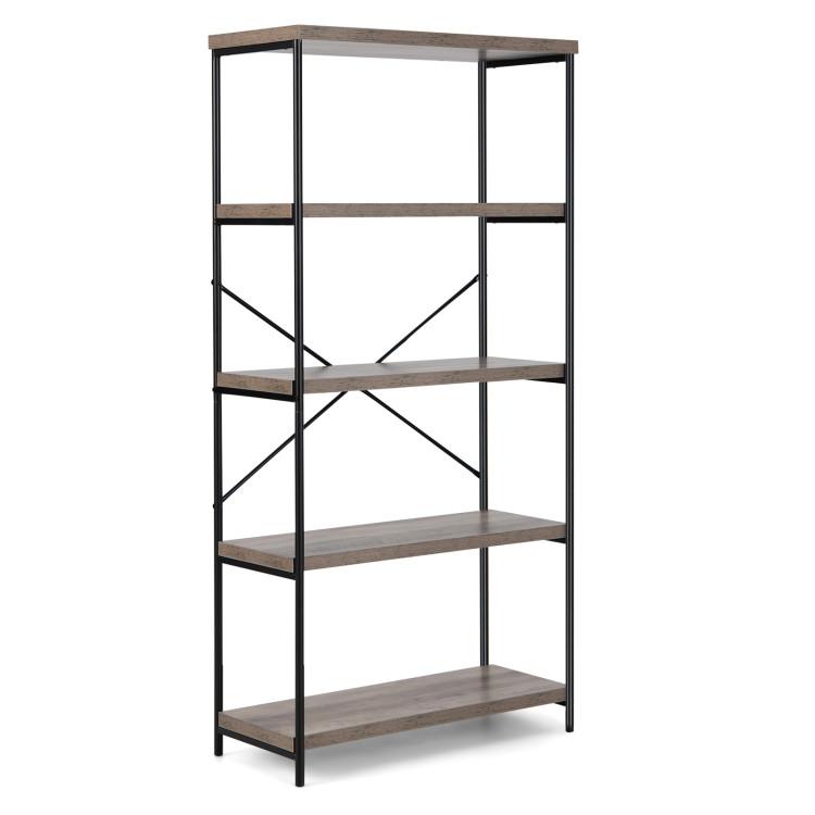 Bookcases |  5-Tier Industrial Bookshelf Display Storage Rack with Metal Frame Gray Bookcases Bookcases