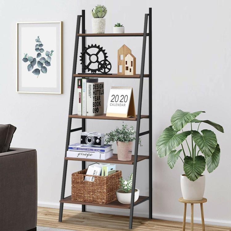 Bookcases |  5 Tier Leaning Bookshelf Wood Metal Bookcase Brown, Black Bookcases Bookcases