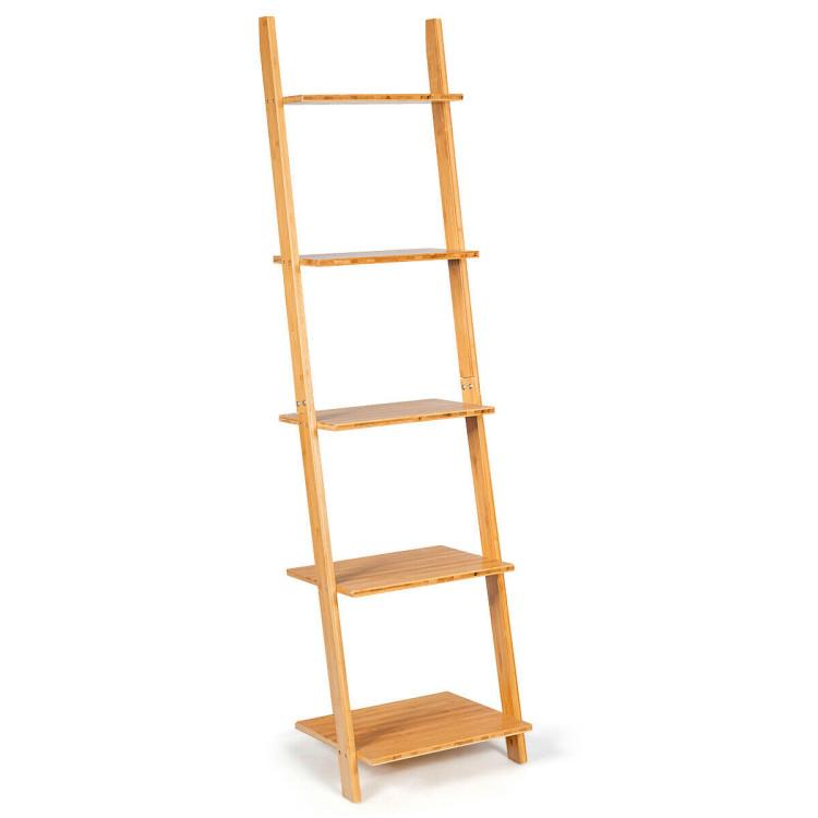 Bookcases |  5-Tier Modern Bamboo Wall-Leaning Display Ladder Bookshelf Natural Bookcases Bookcases