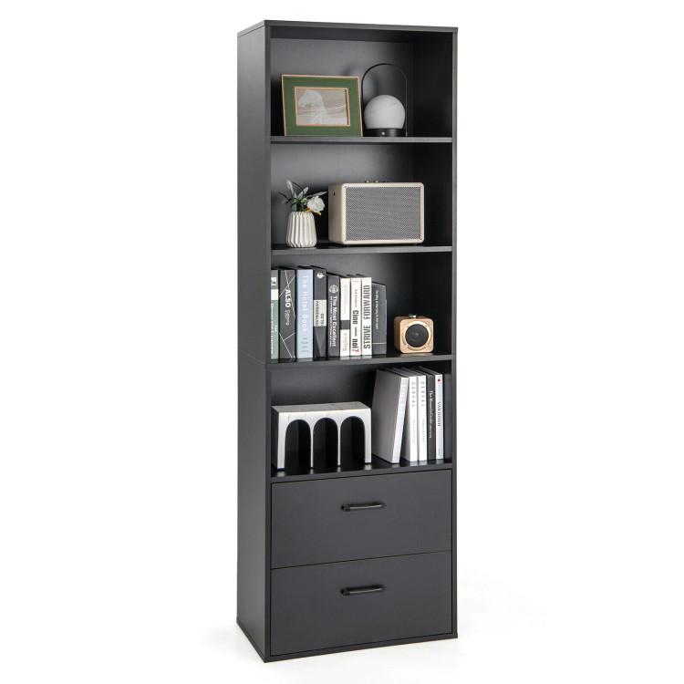 Bookcases |  6-Tier Tall Freestanding Bookshelf with 4 Open Shelves and 2 Drawers Black Bookcases Black