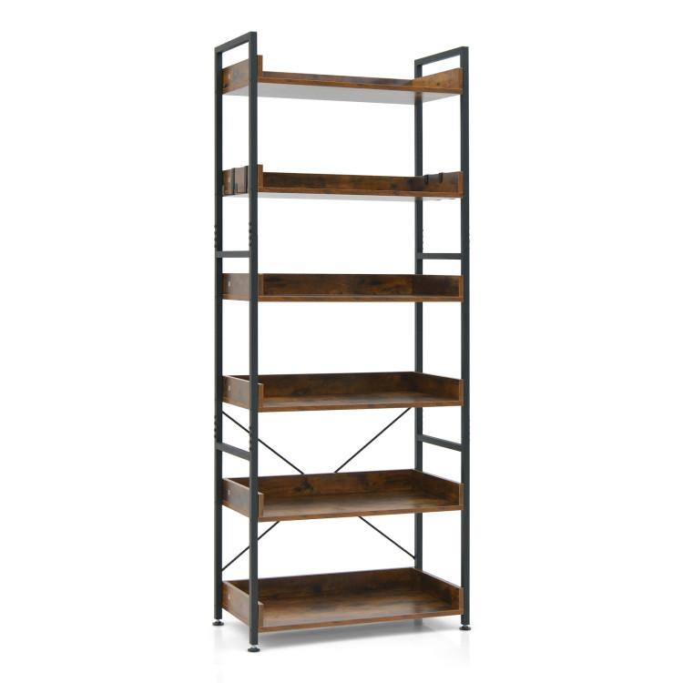 Bookcases |  6-Tier Tall Industrial Bookcase with Open Shelves and 4 Hooks Brown Bookcases Bookcases