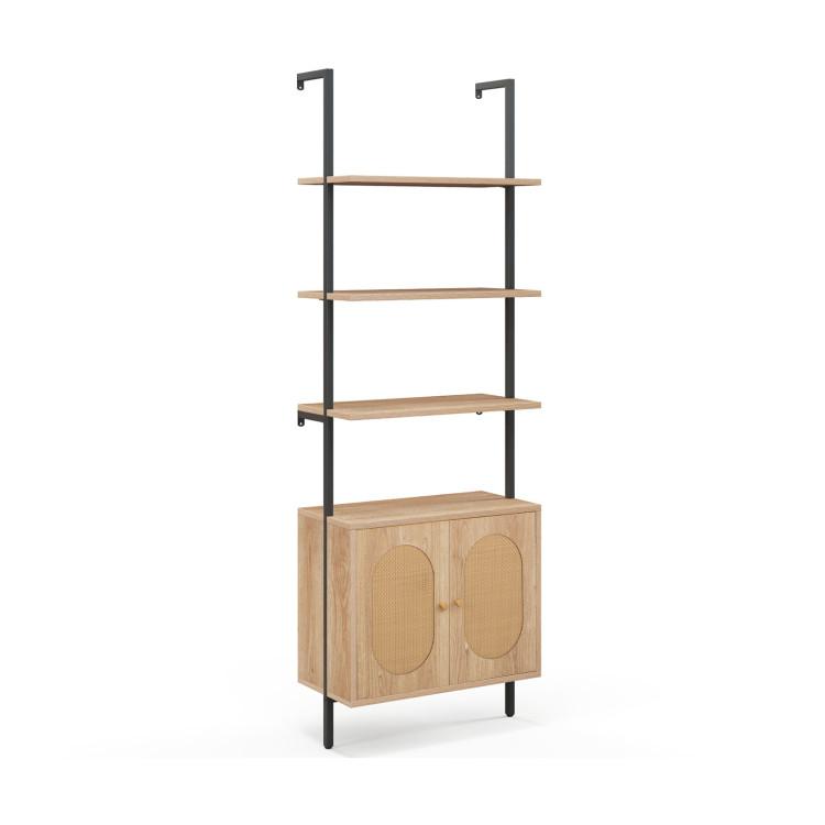 Bookcases |  71 Inch 6-Tier Wall Mounted Ladder Bookshelf with Rattan Cabinet Natural Bookcases Bookcases