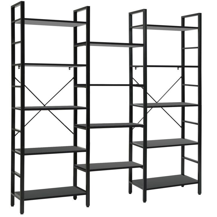 Bookcases |  Vintage Industrial Style Triple Wide 5-Tier Bookcase with Metal Frame Black Bookcases Black