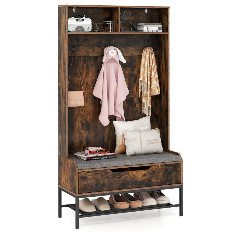 Coat Racks & Hall Trees |  69 Inches Tall Hall Tree 4-in-1 Coat Rack with Seat Cushion and Shoe Storage Rustic Brown Coat Racks & Hall Trees Coat Racks & Hall Trees