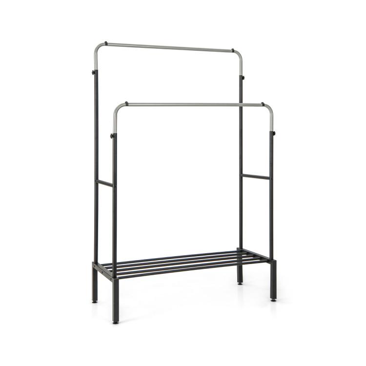 Coat Racks & Hall Trees |  Double Rod Clothes Garment Rack with Adjustable Heights Silver Coat Racks & Hall Trees Coat Racks & Hall Trees