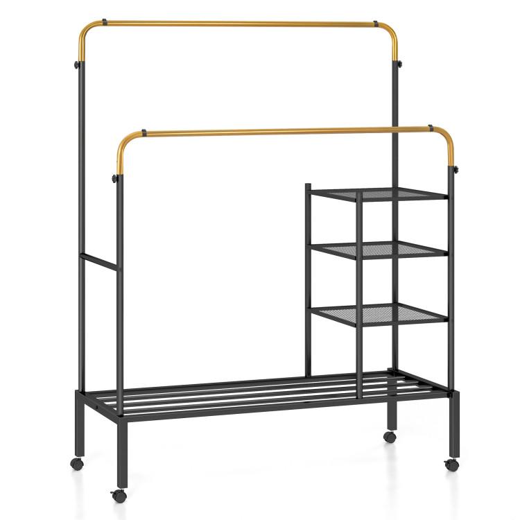 Coat Racks & Hall Trees |  Rolling Double Rods Garment Rack with Height Adjustable Hanging Bars Golden Coat Racks & Hall Trees Coat Racks & Hall Trees