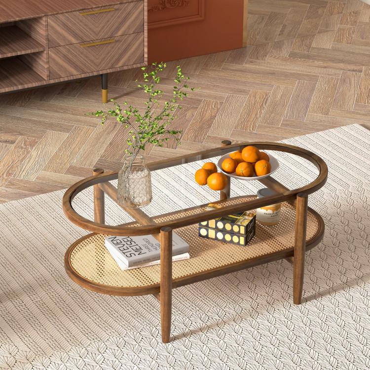 Coffee Tables |  2-Tier Coffee Table with Tempered Glass Tabletop and Acacia Wood Frame Coffee Tables Coffee Tables