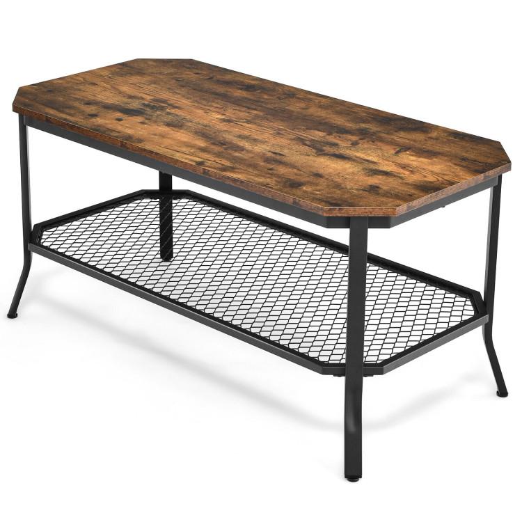 Coffee Tables |  2-Tier Industrial Coffee Table with Open Mesh Storage Shelf for Living Room Rustic Brown Coffee Tables Coffee Tables