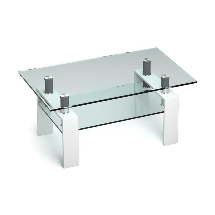 Coffee Tables |  2-Tier Rectangle Glass Coffee Table with Storage Shelf for Living Room White Living Room Coffee Tables